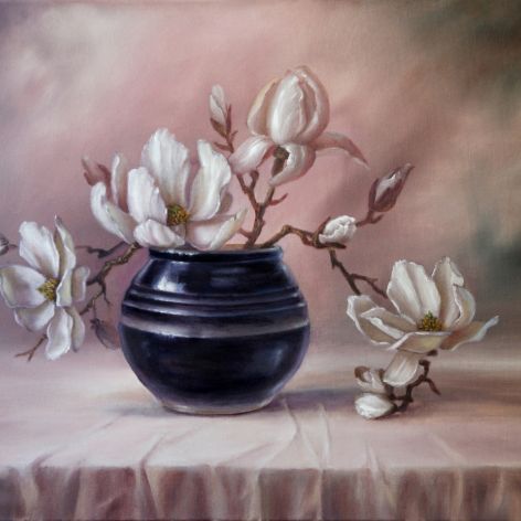 Magnolia, kwiaty, ręcznie malow obraz olejny