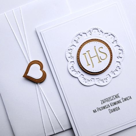 Zaproszenie na Komunię biało-brązowe handmade