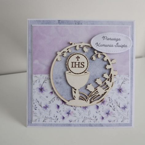 Kartka Pierwsza Komunia Święta liliowa