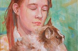 Portret dziewczyny z kotem, obraz na płótnie na zamówienie malowany na podstawie zdjęcia