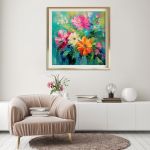 Obraz kolorowe kwiaty na turkusowym tle 40x40 - obraz kwiaty