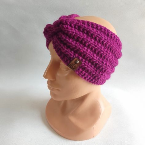 Opaska ręcznie robiona na drutach, fuksja.