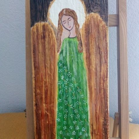 Anioł w zielonej sukience- obraz na desce