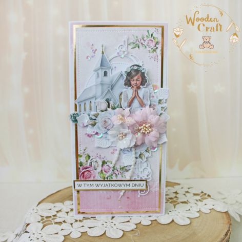 Kartka komunijna pamiątka "PinkRoses4" GOTOWA