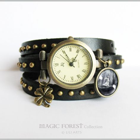 Bransoletka, zegarek - Magiczny las - czarny, nity, skórzany