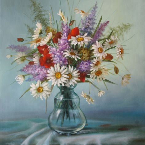 Kwiaty Margaretki,ręcznie malowany, olej