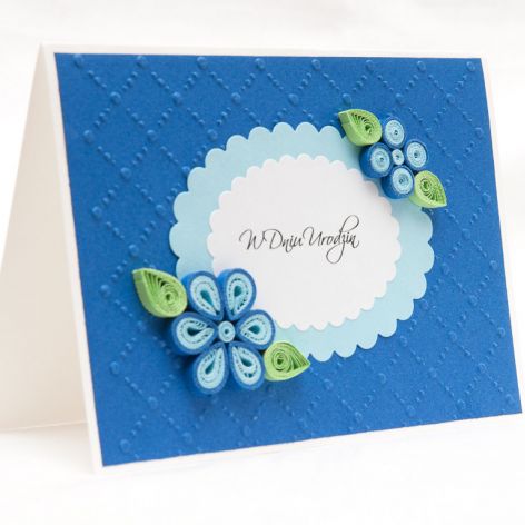 Kartka urodzinowa, niebieska, quilling