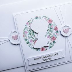 Kartka komunijna dla dziewczynki z różyczkami