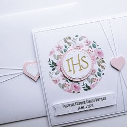 Kartka na Komunię pamiątka jasny róż handmade