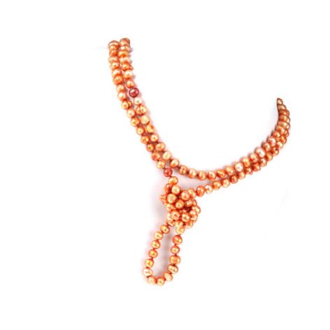 Pomarańczowe, naturalne perły, długi sznur pereł, naszynik