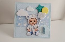 Kartka na urodziny roczek chłopiec z balonami
