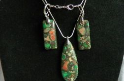 Zielono-brązowy jaspis cesarski, zestaw biżuterii w srebrnej oprawie