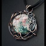 Miedziany wisior z kamieniem krwistym - Copper wire pendant with Bloodstone gift for her, gift for mom, wire wrapped jewellery for women, Heliotrope, Birthstone for March