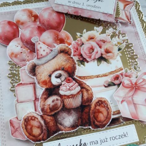 Kartka na roczek dla dziewczynki z misiem, personalizacja