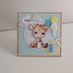 Kartka na roczek urodziny żyrafa z balonikami