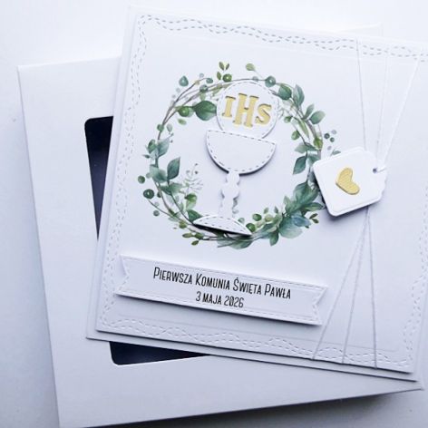 Kartka na Komunię z wiankiem ręcznie robiona