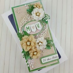 Kartka beżowo-zielona na ślub z kwiatami