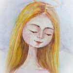 Ręcznie malowany anioł stróż na drewnie  - Zbliżenie twarzy