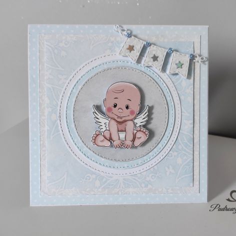 Kartka z aniołkiem na narodziny chrzest roczek