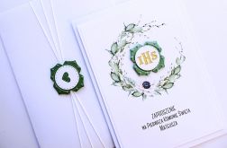 Zaproszenie komunijne biało-zielone z Hostią