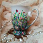 Wiosenna łąka ręcznie malowany kubek śniadaniowy 300 ml. - ręcznie malowane