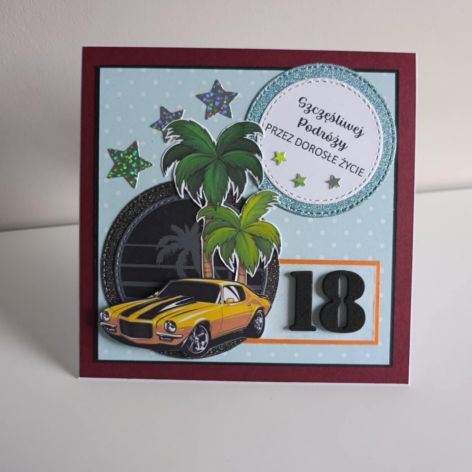 Kartka na urodziny oseiemnastka z samochodem