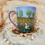 Ręcznie malowany wiejski kubek z bocianami 300 ml. - Ręcznie malowany