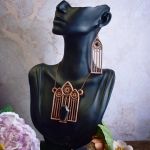 Gotycki miedziany zestaw - kolczyki i wisiorek z czarnym onyksem, rozeta #S8 - 