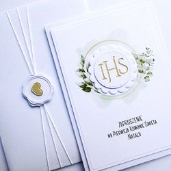 Zaproszenie komunijne w zieleni z Hostią