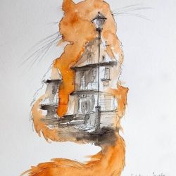 "Home" akwarela artystki Adriany Laube - obraz A3, kot, kamieniczka