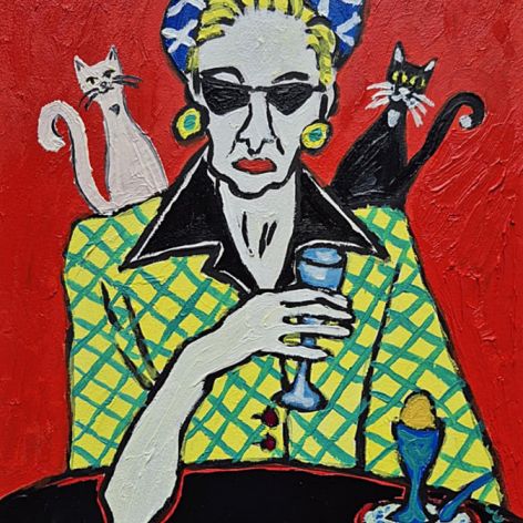 obraz olejny portret kobiety ona i dwa koty