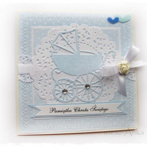 Kartka na Chrzest z wózkiem dla chłopca