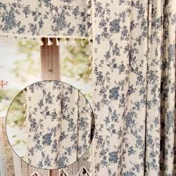 Zasłona lniana kwiaty blue jeans boho z frędzlami tunel 150/250cm