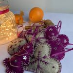 Dekoracja świąteczna z filcu z ozdobnym haftem (001) - Zestaw ozdób świątecznych - szary melanż/purpura