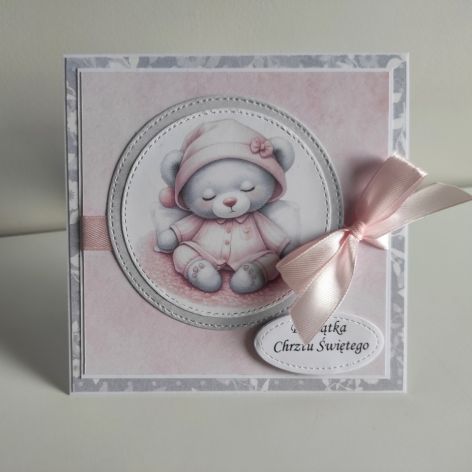 Kartka na Chrzest Święty różowa z misiem 