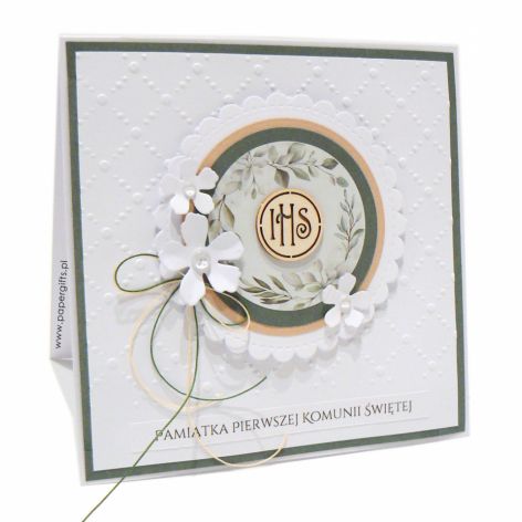 Pamiątka I Komunii Świętej - wianek białe kwiaty kratka