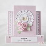 Kartka PAMIĄTKA KOMUNII z różyczkami #1 /Z - Różowo-biała Pamiątka Komunii w pudełku