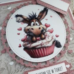 Kartka na walentynki z osiołkiem, nietypowy napis