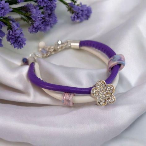 Bransoletka rzemykowa fiolet kwiatek 