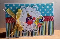 Zabawna kartka urodziny dziecka fioletowa sówka