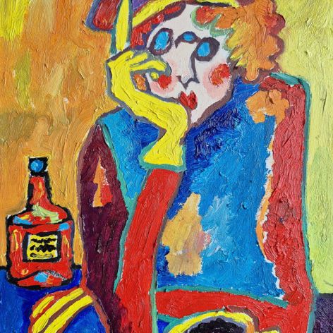 Duży obraz olej babcia i kawa