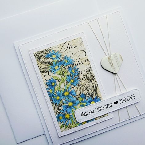 Subtelna kartka niebieskie kwiaty na ślub