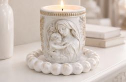 Świecznik dekoracyjny z Matką Boską i Dzieciątkiem – biały gipsowy, ręczna robota