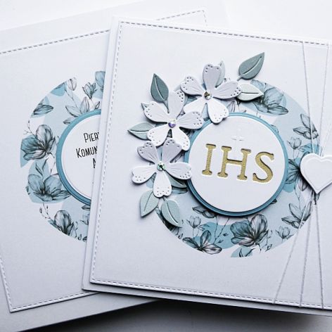 Kartka komunijna ręcznie robiona z kwiatami 