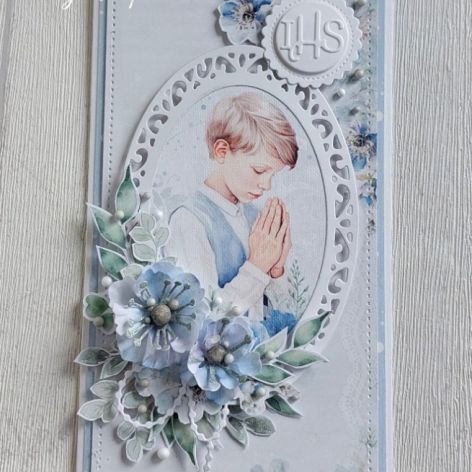 Kartka komunijna dla chłopca z niebieskimi kwiatami