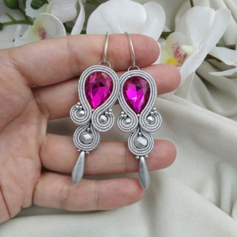 Soutache sutasz kolczyki klipsy srebrne róż