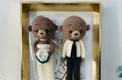 Młoda para misie w złotej ramce prezent ślubny handmade obraz