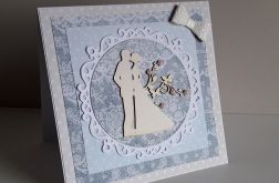 Kartka ślubna koronka niebieska perełki