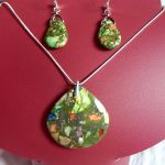 Zielony jaspis cesarski z pirytem, wisiorek, kolczyki, łańcuszek - zestaw biżuterii - 