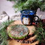 Zestaw sowy świąteczny prezent - podkładka plaster drewna z żywicy